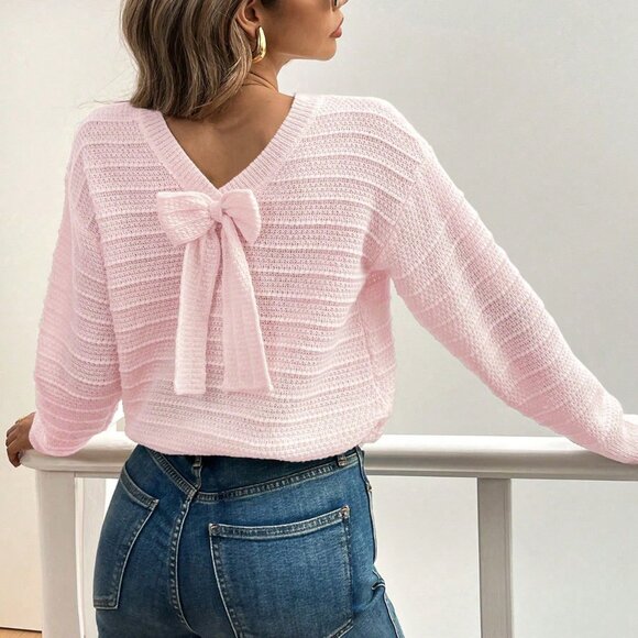 Pink Minimalist Women's Bow Decor Long Sleeve Pullover Sweater - Picture 2 of 5